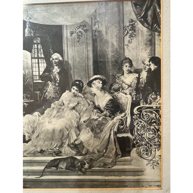 A very nice vintage l19th century black and white lithograph of what looks like 18th century upper class social party with...