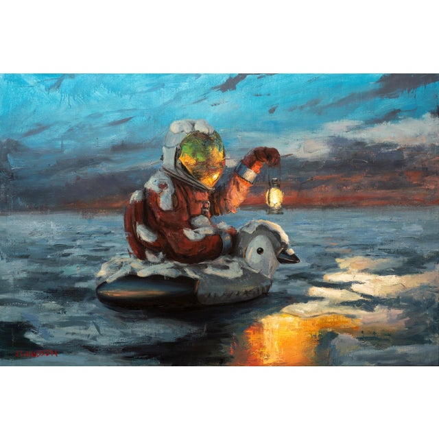 Plan Ahead, Winter Is Coming by Andreas Claussen | Oil on Canvas Astronaut in winter gear on a duck float. For Sale