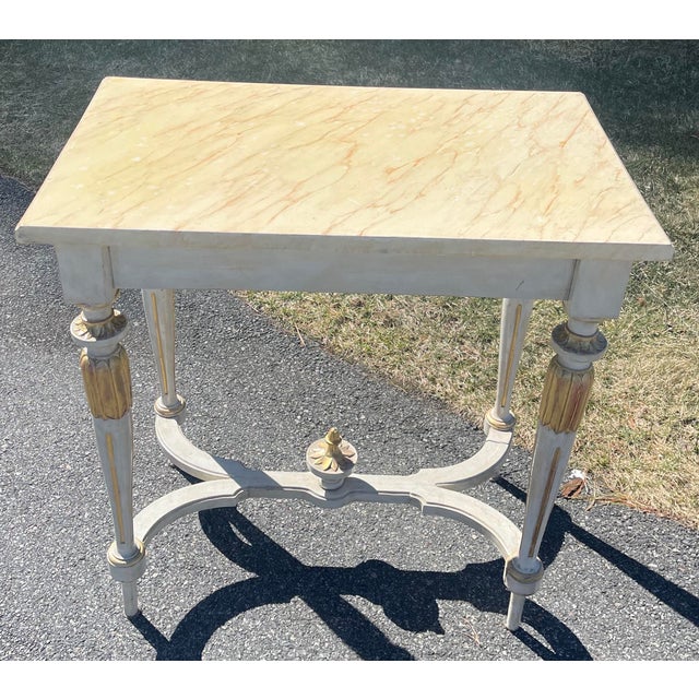 French Antique Italian French Neoclassical Painted Wood Gilt Console Table W/ Faux Marble Top For Sale - Image 3 of 9