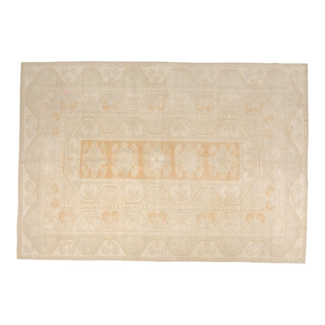 Vintage Distressed Turkish Oushak Rug in Monochromatic Cream and Soft Sand For Sale
