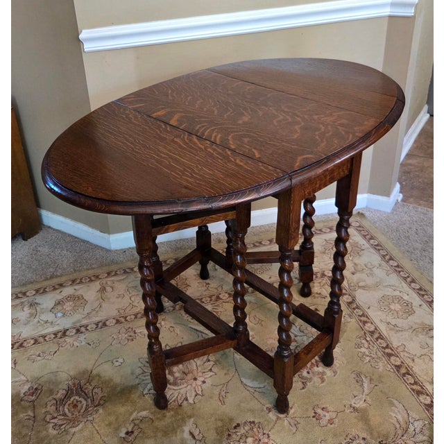 Antique English Table Drop Leaf Gateleg Barley Twist Oak Medium End Table Oval For Sale - Image 17 of 17