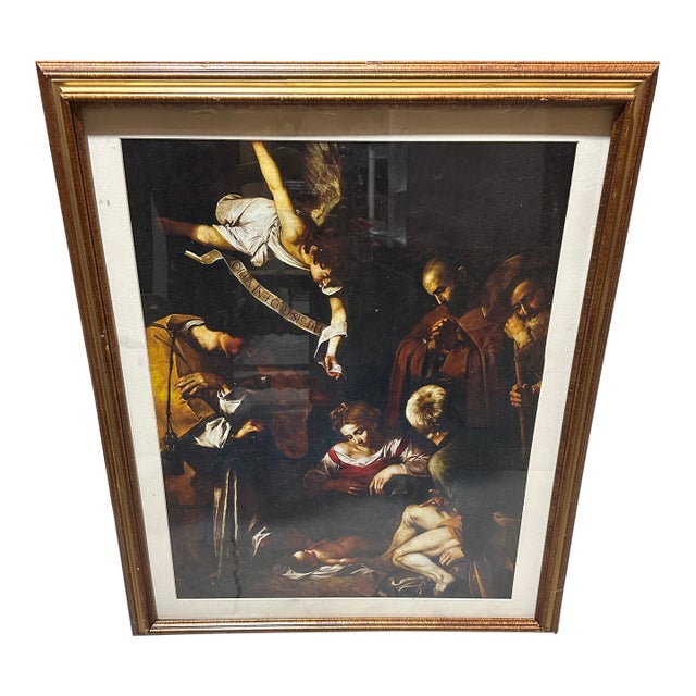 1970s Framed Reproduction Print of Nativity With Saint Frances and Saint Lawrence in Wooden Frame For Sale