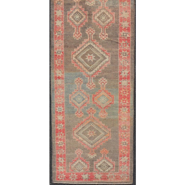 Turkish Oushak Runner With Coral Red and Taupe Geometric Medallion Design For Sale - Image 9 of 12