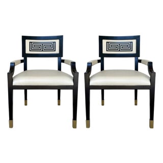 Currey & Company Modern Black and Gold Greek Key Chairs Pair For Sale