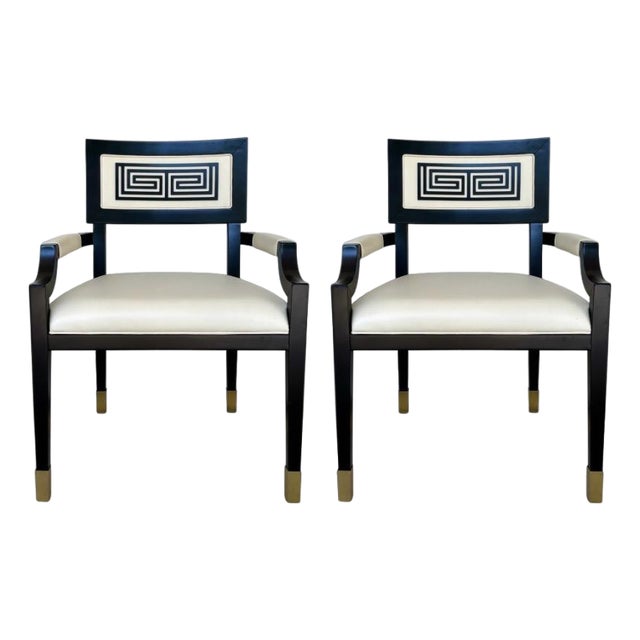 Currey & Company Modern Black and Gold Greek Key Chairs Pair For Sale
