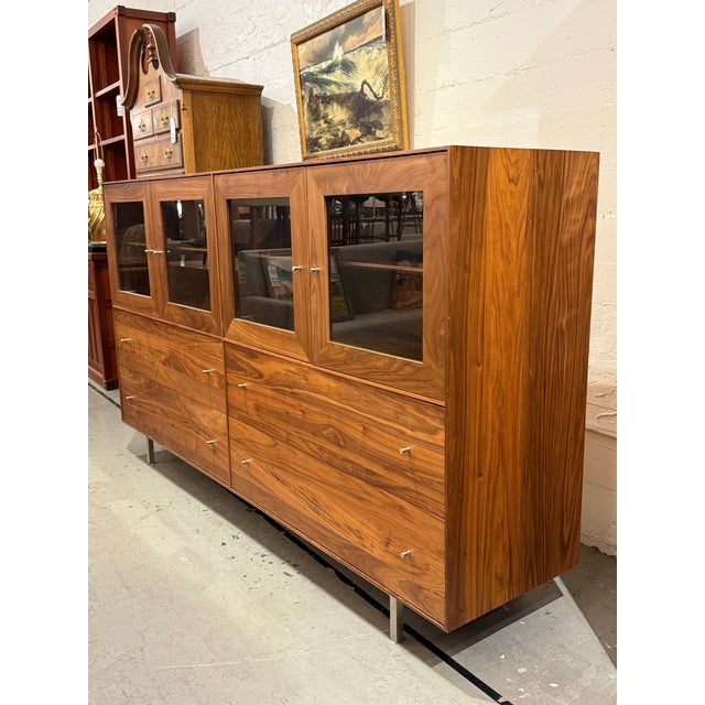 Contemporary Room & Board Hudson Walnut Glass Door Storage Cabinet For Sale - Image 3 of 12