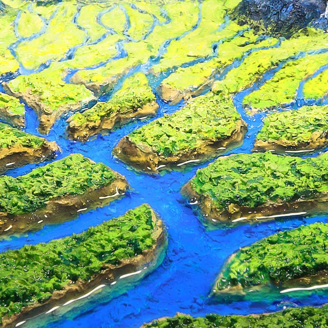 This photographic artwork depicts a three-dimensional miniature river-delta landscape constructed by Stephen Dorsett from...