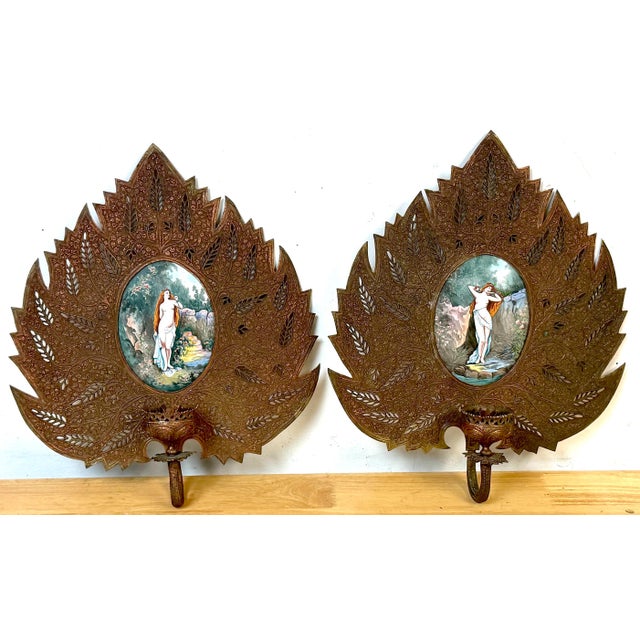 Pair of Belle Époque Orientalist Bronze Palmette Candle Sconces with Limoges Enamel Plaques France, Circa 1890–1910 An...