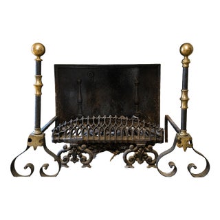 Andirons with Fireplace Log Holders in Wrought Iron and Brass, 1800s, Set of 3 For Sale