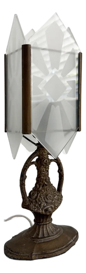 1930s Art Deco Diamond Cut Glass Shade & Bronze Table Lamp