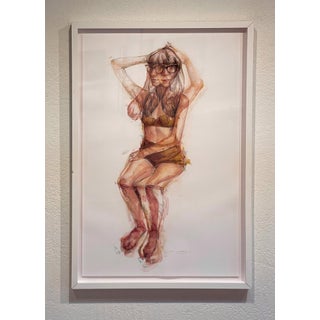 Play by Jane Radstrom | Pastel on paper of a seated woman in a bikini with glasses. For Sale