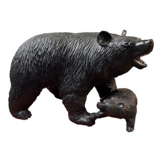Black Forest Carved Wood Bear and Cub Sculpture For Sale