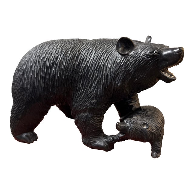 Black Forest Carved Wood Bear and Cub Sculpture For Sale