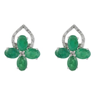 4.22 Ct Natural Pear Emerald & Diamond Floral Cluster Stud Earrings in 925 Silver, a Pair For Sale