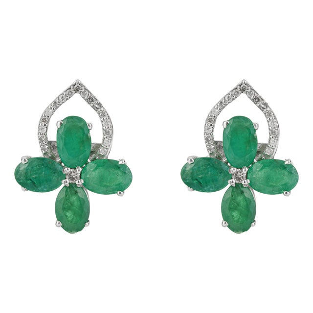 4.22 Ct Natural Pear Emerald & Diamond Floral Cluster Stud Earrings in 925 Silver, a Pair For Sale