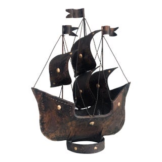 Vintage Brutalist Wrought Metal Pirate Ship Lamp For Sale