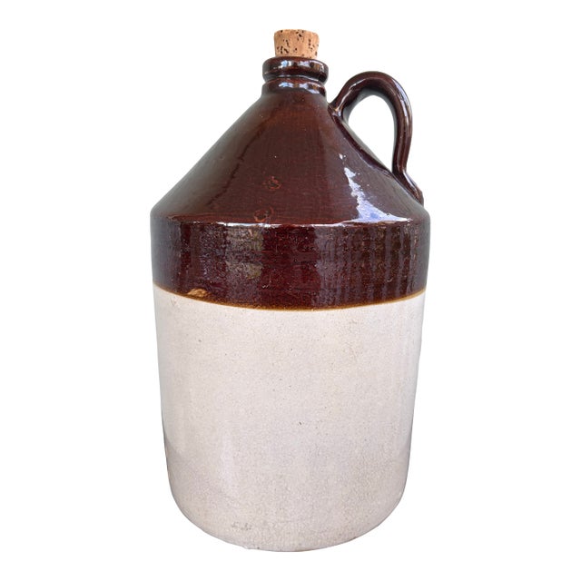 Antique American Brown/White Glazed Stoneware Jug With Handle, Circa 1900 For Sale
