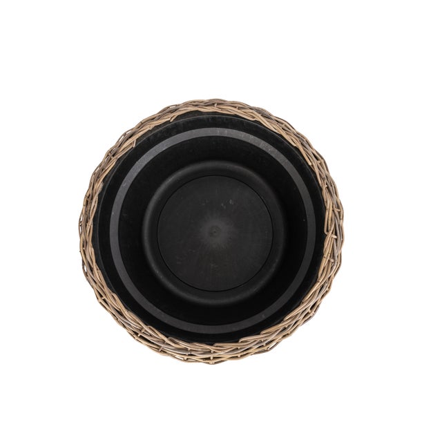 2020s Artifacts Rattan Round Belly Planter with Black Plastic Insert, Natural, 28.50" For Sale - Image 5 of 12