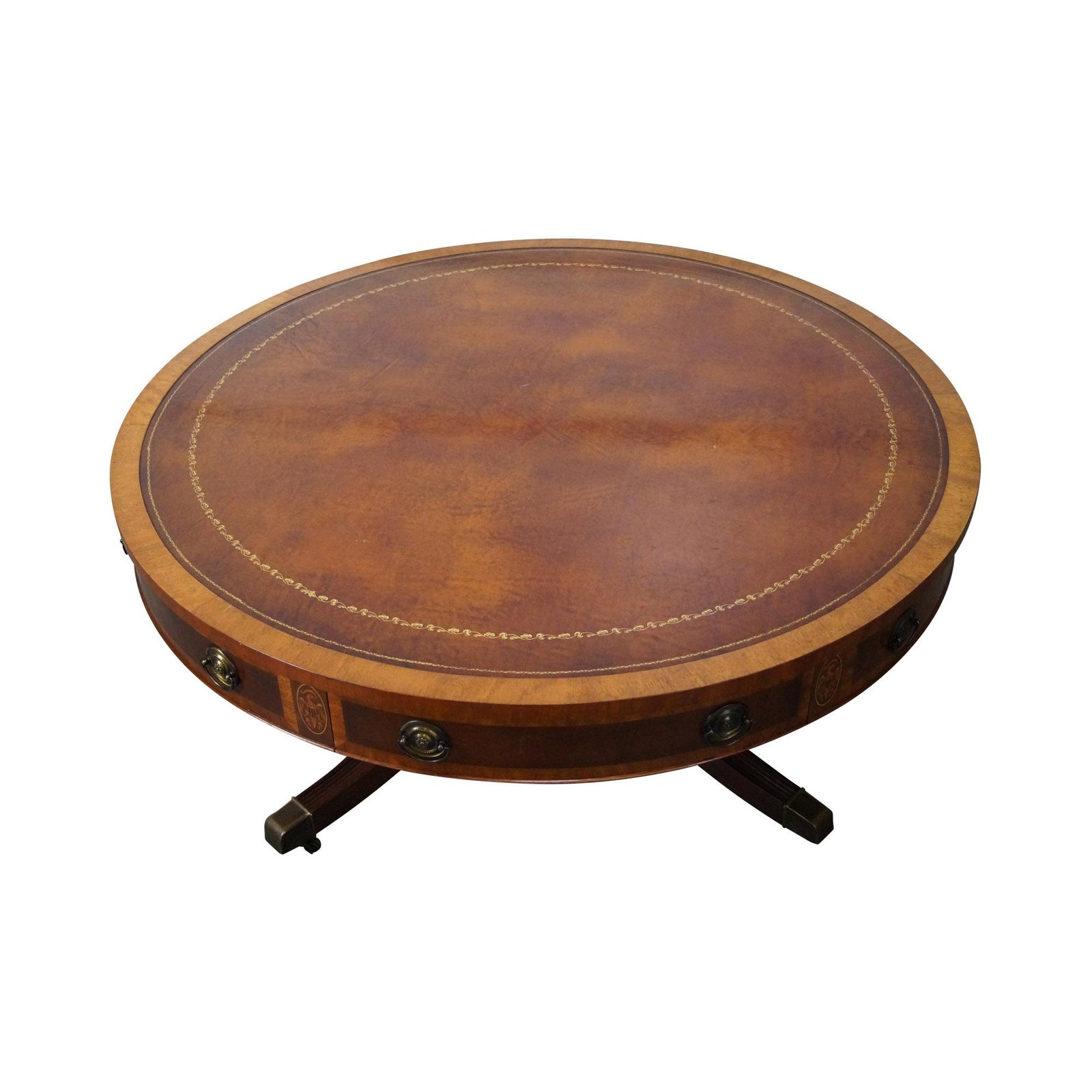 Mahogany Inlaid Leather Top Round Federal Style Coffee ...