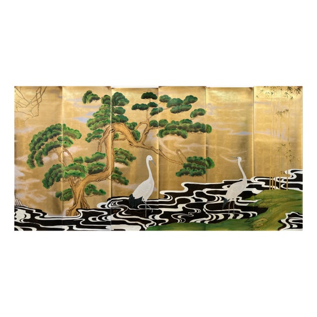 Hand-Painted Chinoiserie Wallpaper Mural, Elegant Crane & Chinese Landscape Design, 6 Panels For Sale