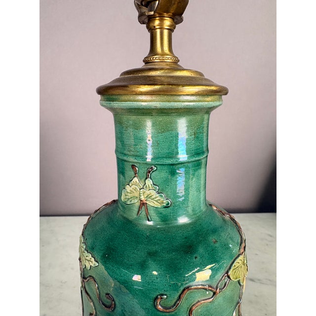19th Century Chinese Floral Relief Pottery Table Lamp For Sale - Image 4 of 9
