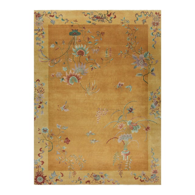 Rug & Kilim’s Chinese Art Deco Style Rug in Gold, Floral Patterns and Pictorials For Sale