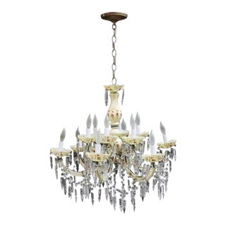 1940s Italian Capodimonte Style Crystal & Hand Painted Porcelain & Glass 12-Light Chandelier For Sale