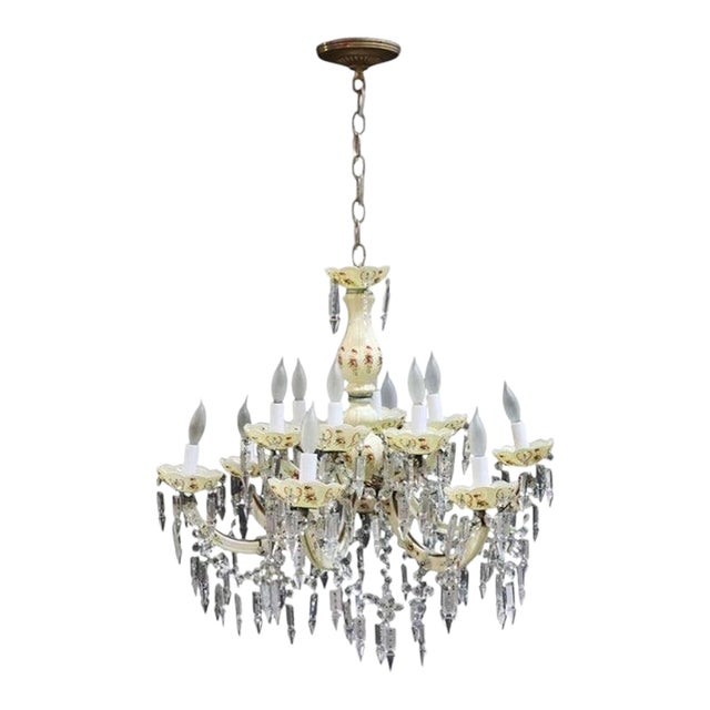 1940s Italian Capodimonte Style Crystal & Hand Painted Porcelain & Glass 12-Light Chandelier For Sale