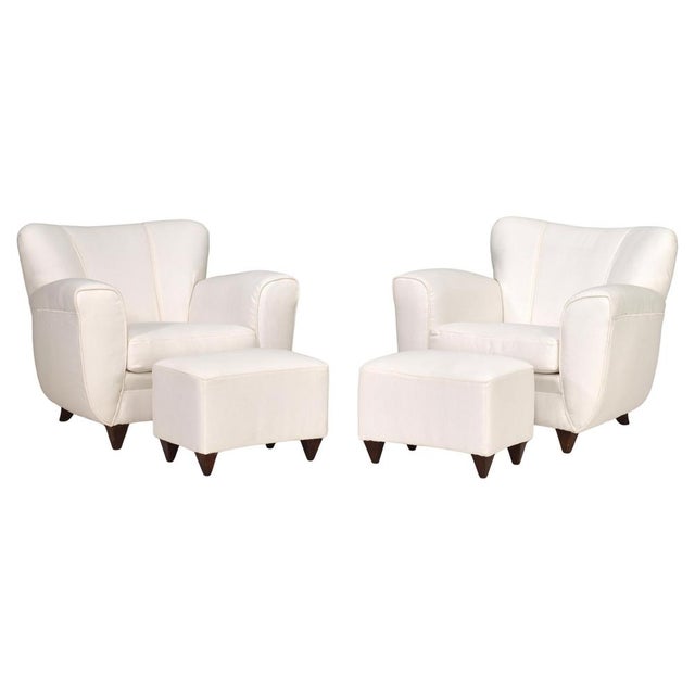 Set of Italian Armchair and Ottoman in White Fabric, Italy, 1940s For Sale - Image 17 of 17