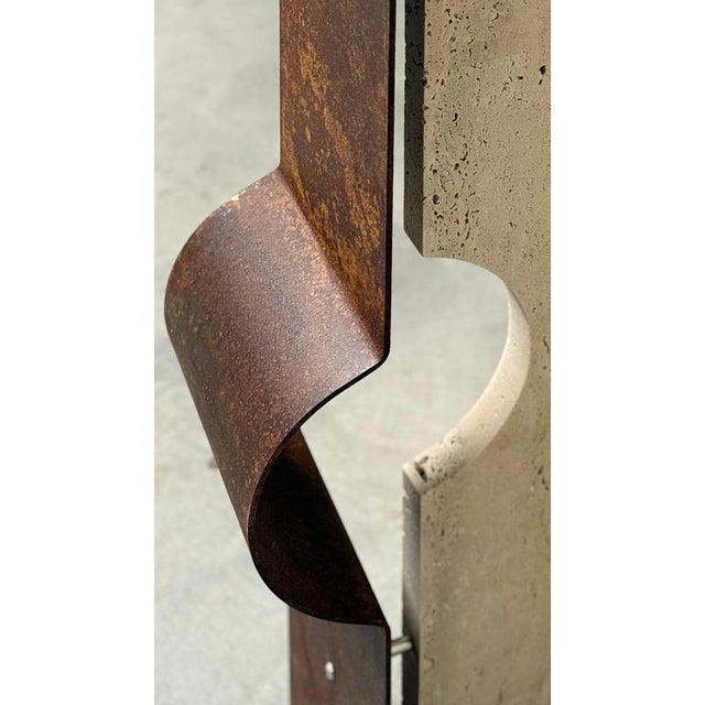 Oculus Ox Floor Lamp in Rough Iron & Travertine by D´ARK Atelier For Sale - Image 6 of 13