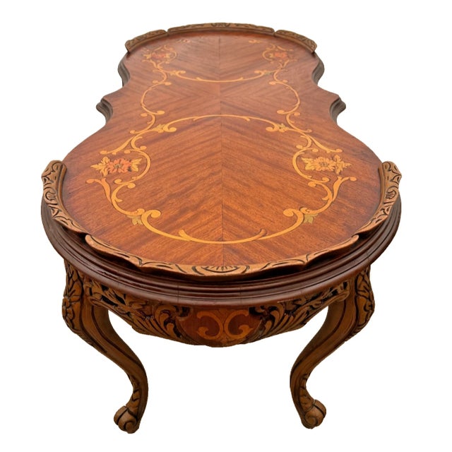 Vintage Oval Shaped Coffee Table Italian Marquetry Floral Inlay Parquetry For Sale In Palm Springs - Image 6 of 12