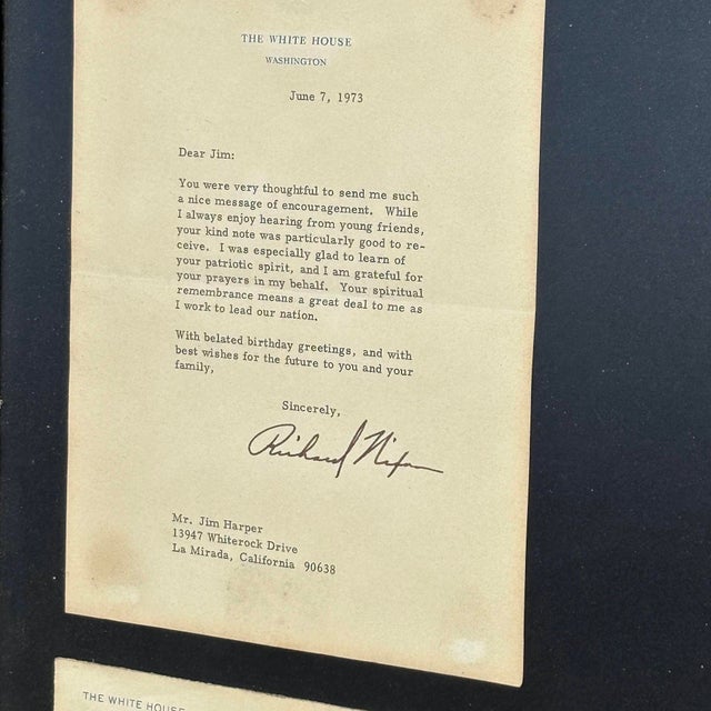 Hand-typed letters between "Jim Harper" of California and the 37th president of the United States, Richard Nixon, and Vice...