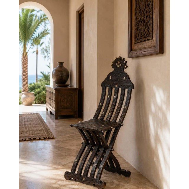 Brown 19th Century Moorish Carved Wood Folding Chair with Mother-of-Pearl Inlay For Sale - Image 8 of 15