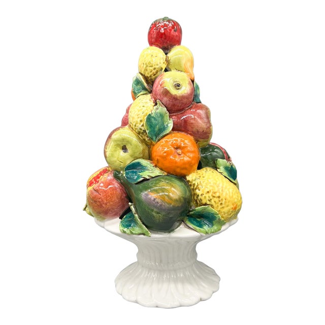 15" Vintage Italian Ceramic Fruit Topiary Centerpiece – Hand-Painted Majolica Style Compote – Tuscan / European Traditional - Lemon and Orange For Sale