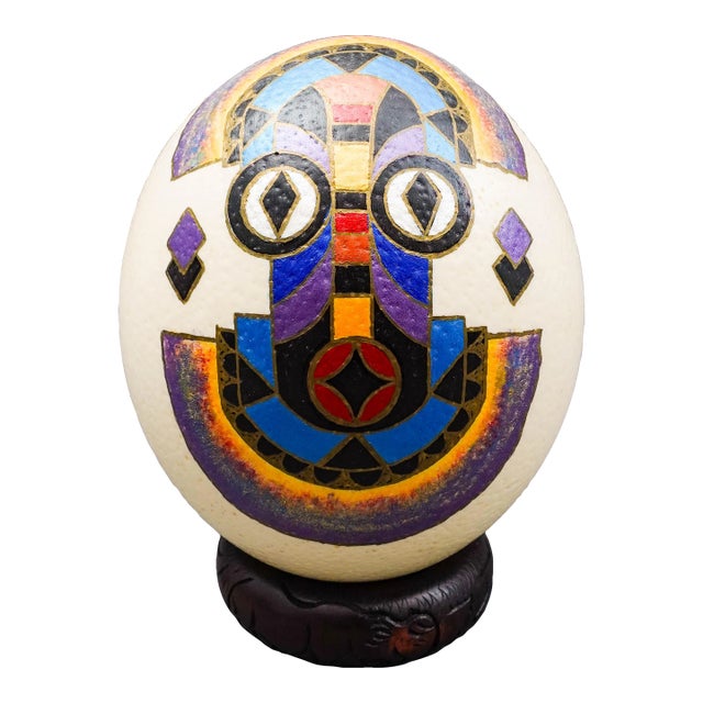 Vintage Misha Zambia Hand Painted Barotse Water Spirit Mask Ostrich Egg & Stand For Sale