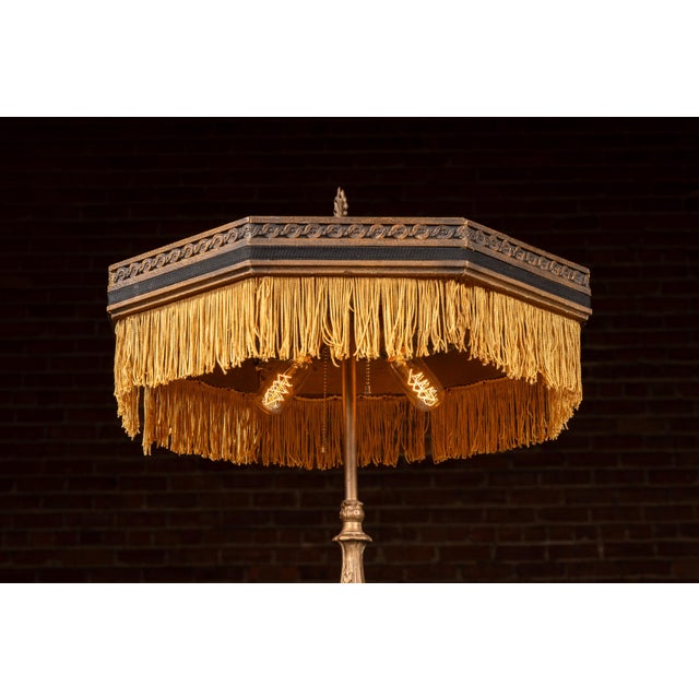 Antique Bronze Floor Lamp With Fringed Shade For Sale - Image 4 of 11