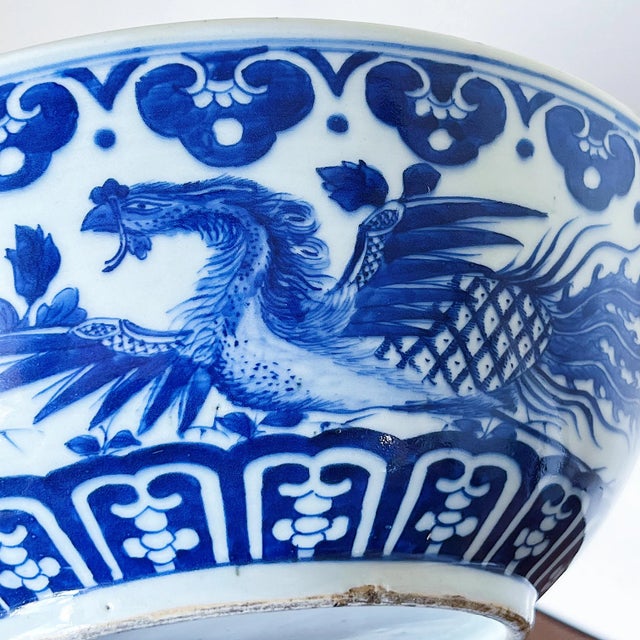 Ceramic Late 19th Century Chinese Blue and White Porcelain Bowl Depicting Phoenix and Peonies Flowers For Sale - Image 7 of 10