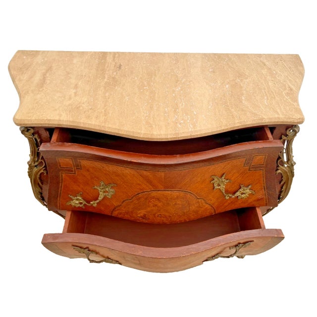 French Antique French Bombe Nightstand, Commode Chest of Drawers, Inlays, Marble Top For Sale - Image 3 of 13
