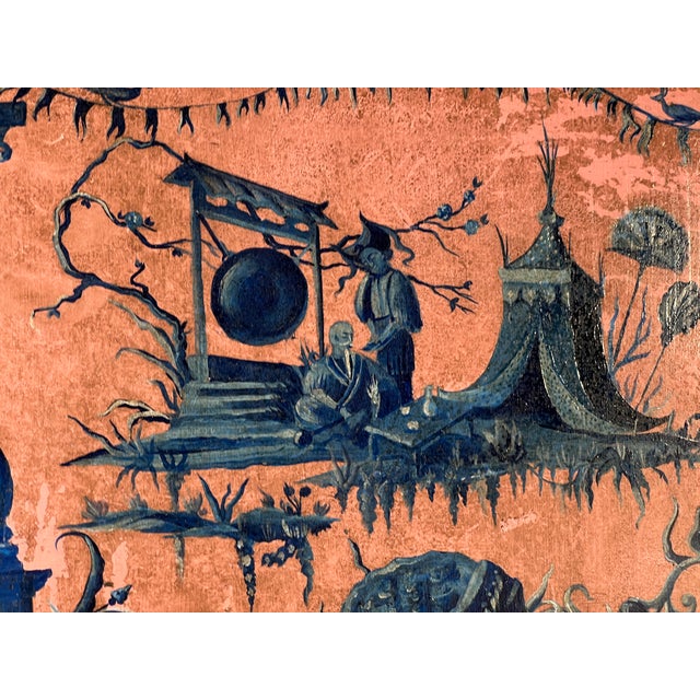 Pink French Chinoiserie Chic Style Blue on Pink Whimsical Oil on Wood Panel Painting For Sale - Image 8 of 12
