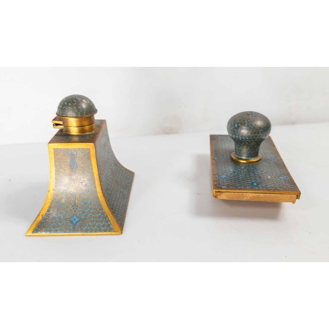 20th Century Chinese Turquoise Teal Cloisonne Enamel Desk Set For Sale - Image 15 of 15
