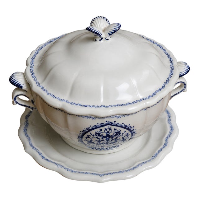 Covered Tureen and Stand in White Earthenware with Blue Decoration from Gien, 1920s For Sale