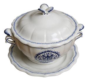 Covered Tureen and Stand in White Earthenware with Blue Decoration from Gien, 1920s
