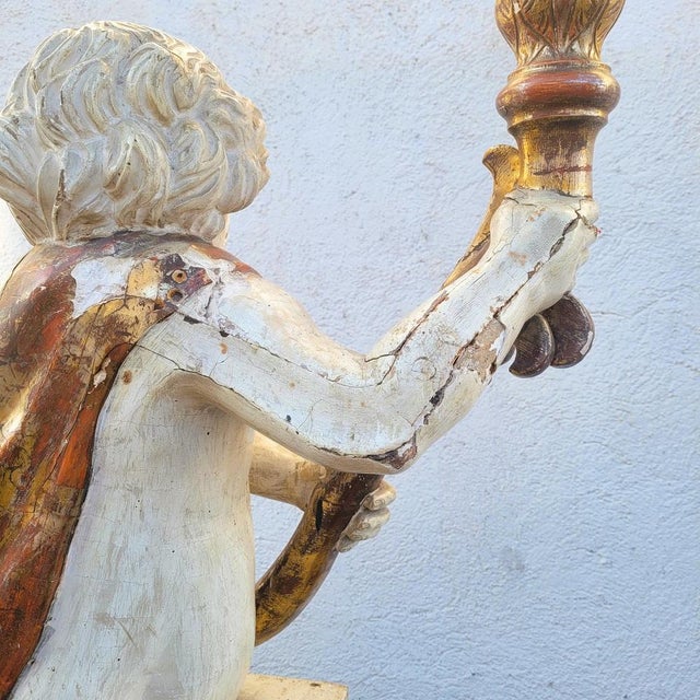 Putto Torch Holder in Lacquered and Gilded Wood, Italy, Late 17th-Early 18th Century For Sale - Image 13 of 18