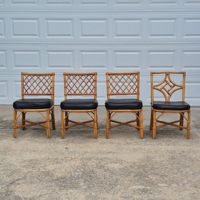 1970s Bamboo Rattan Lattice Back Dining Chairs W/ Black Faux Leather Cushions, Assembled Set of 4 For Sale - Image 11 of 11