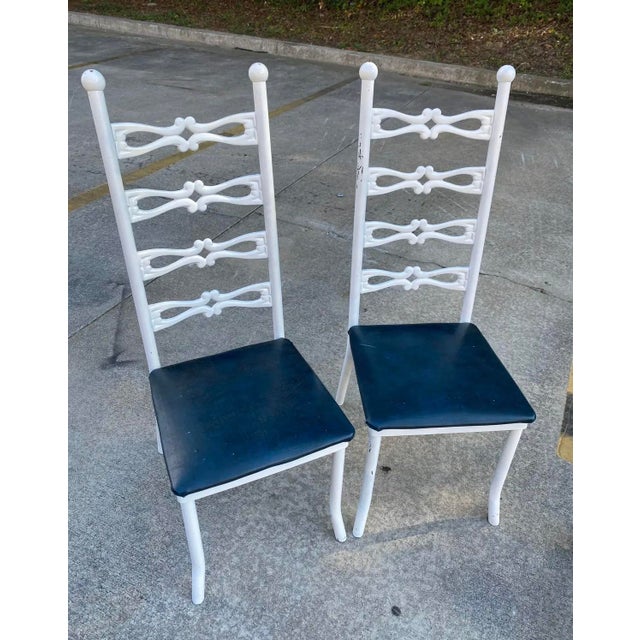 Pair of 1970s Italian Style White Metal Chairs With Navy Blue Leather Cushions For Sale - Image 4 of 8