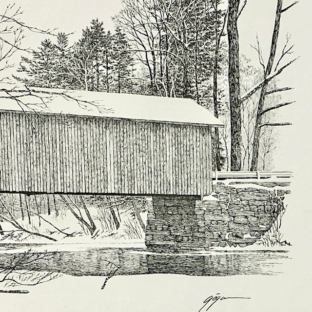 Mid-Century Americana Rustic Lithograph From Pencil Drawing, Covered Bridge Framed. For Sale - Image 11 of 13