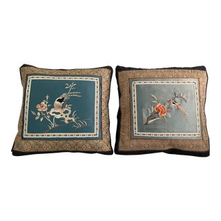 Vintage Chinoiserie Embroidered Blue Silk Pillows - a Pair For Sale