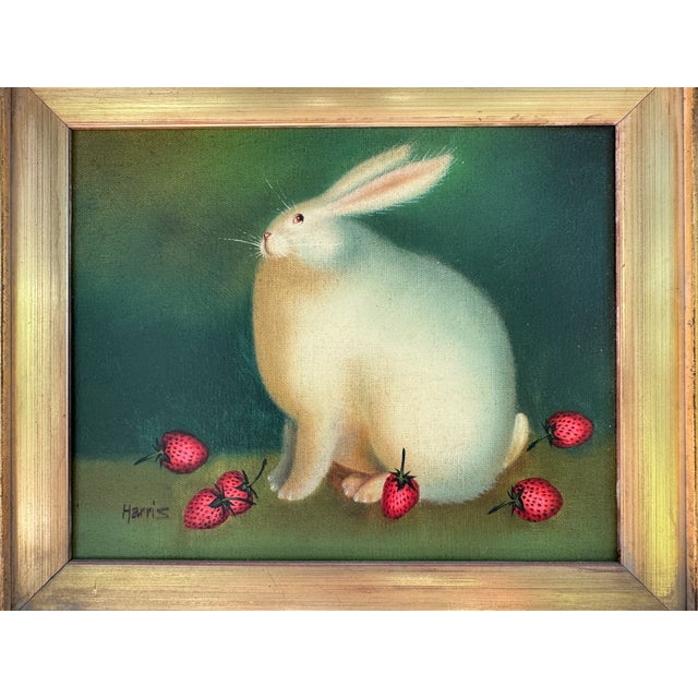 Traditional Vintage Framed Rabbit Painting Signed Harris – White Bunny With Strawberries For Sale - Image 3 of 6