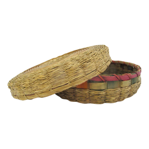 Iroquois Native Sweetgrass & Ash Splint Checkered Rim Round Basket With Lid