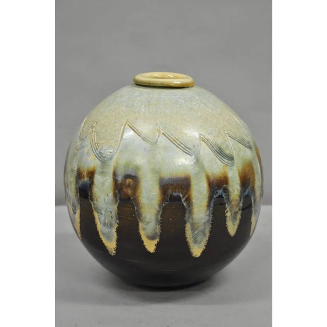 Mid 20th Century Vintage Mid Century Modern Brown Drip Glazed Bulbous Japanese Studio Vase Signed For Sale - Image 5 of 12